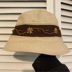 Y2K Toucan 100% Linen Brown Beaded Bucket Hat